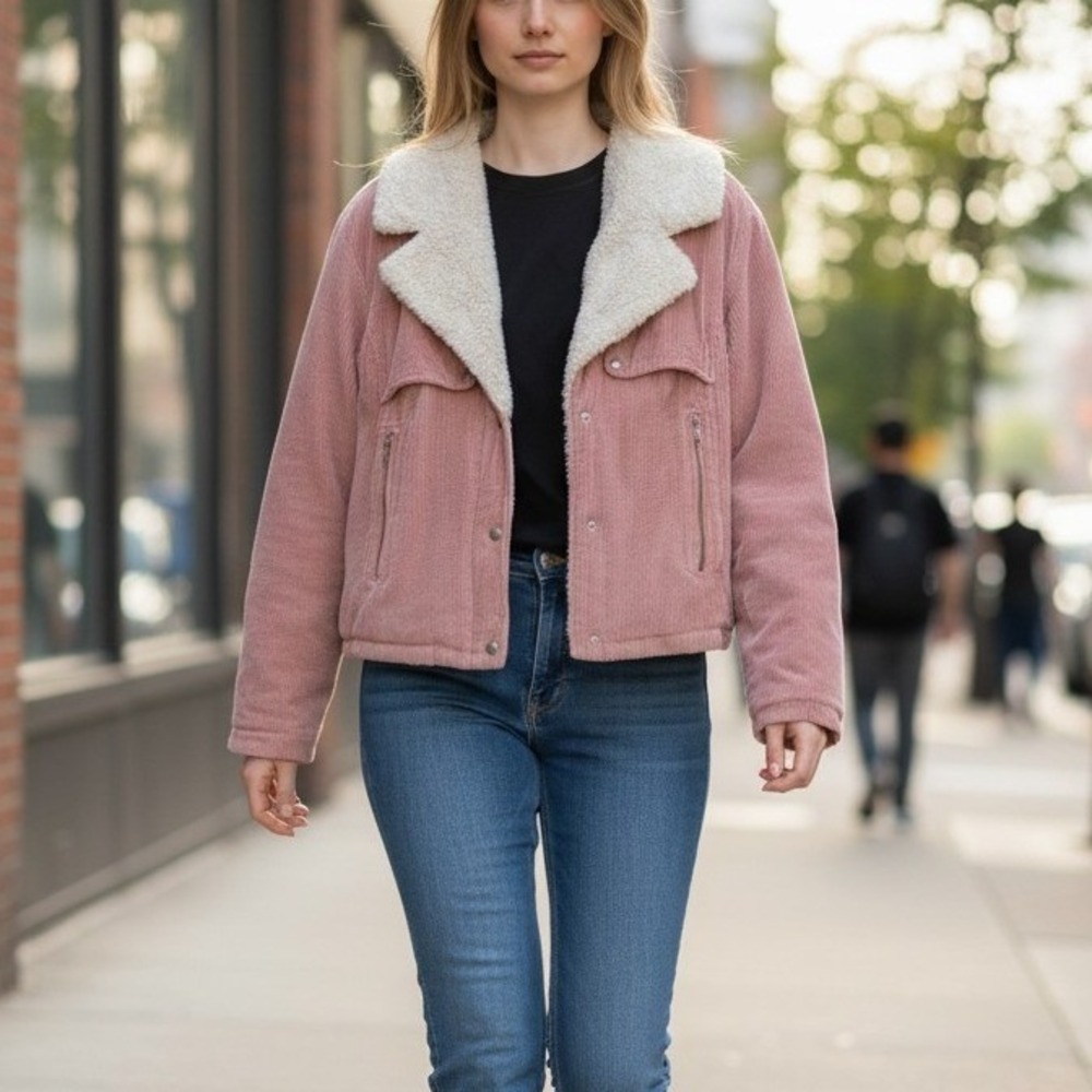 Free People Pink Corduroy Shearling Collar Quilted Moto Trucker Jacket Large